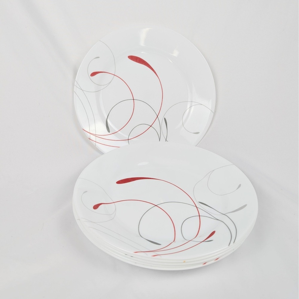 Set of 4 Corelle Dinner Salad Dessert Plates Swirl Red Gray Modern Dishware